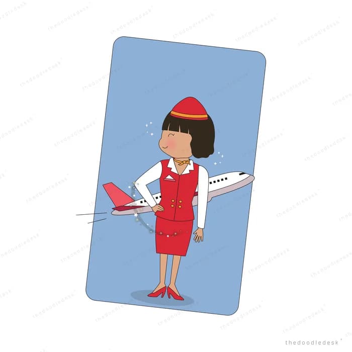 Flight attendant in red beside an aeroplane on a blue card panel