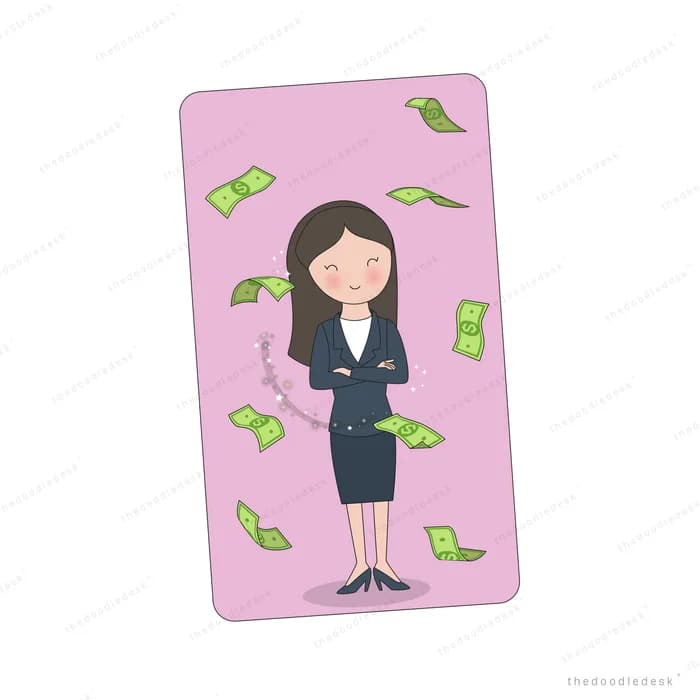 Businesswoman with falling banknotes on a pink card panel