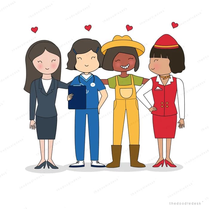 Four women in different work uniforms standing arm in arm with hearts above