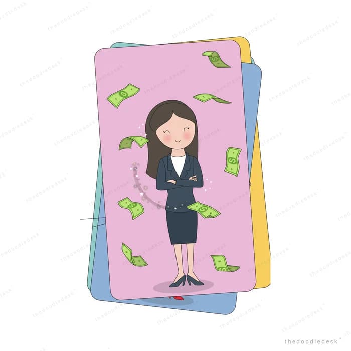 Businesswoman with banknotes on stacked pink and blue card panels