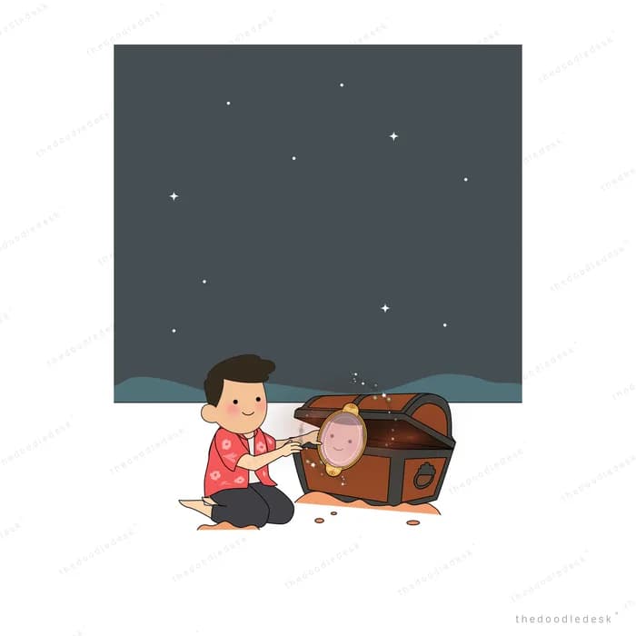 Boy sitting on the ground opening a wooden treasure chest under a starry sky