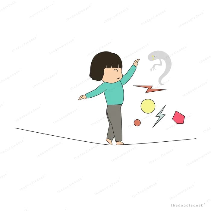 Girl balancing on a tightrope while question mark and lightning shapes float around her