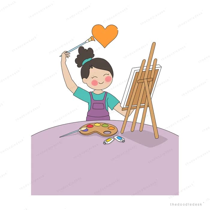 Girl painting an orange heart on an easel with a palette on a purple table