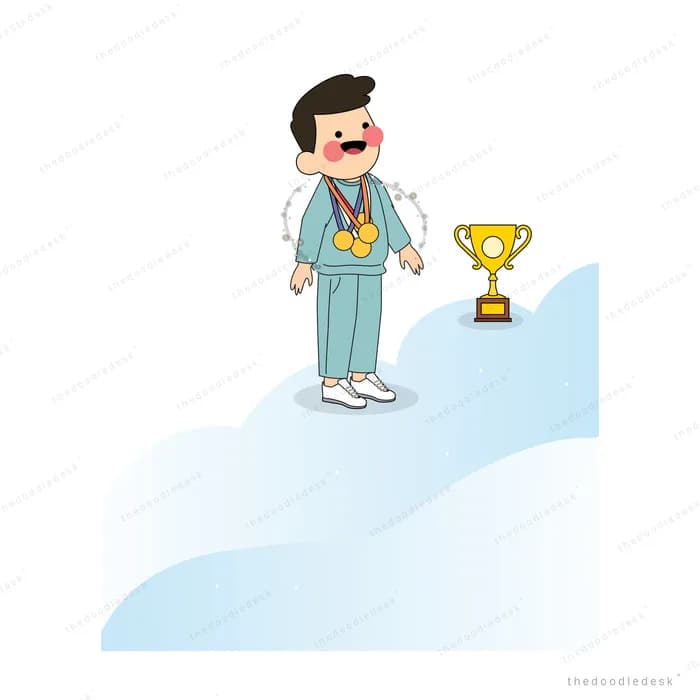 Man in a tracksuit with a medal cheering beside a gold trophy on a snowy slope