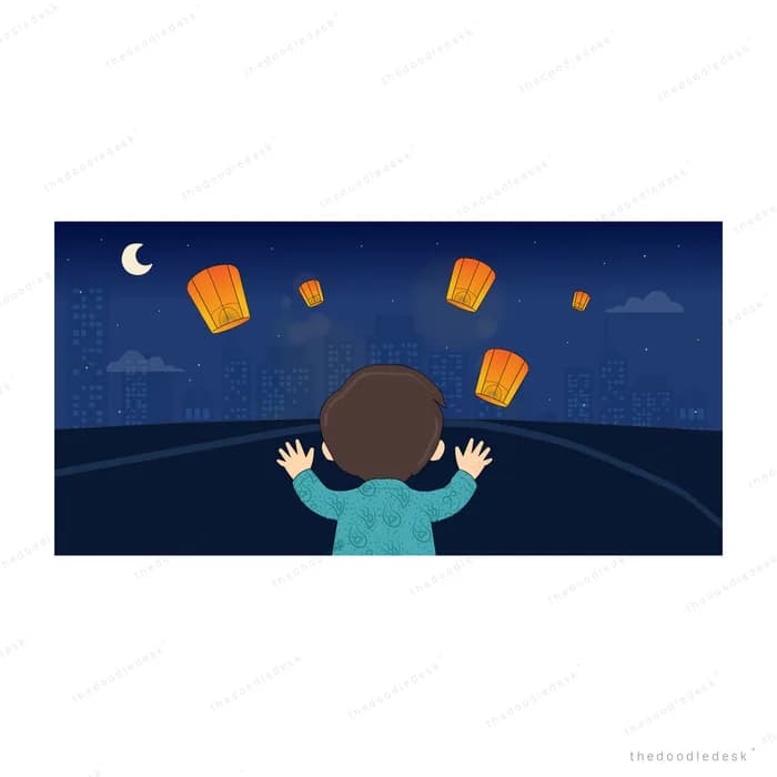 Child with raised arms watching paper lanterns rise over a night city