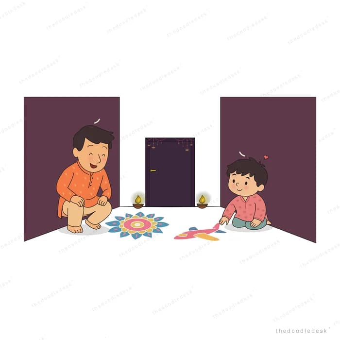 Two children sitting in a doorway drawing a rangoli on the floor