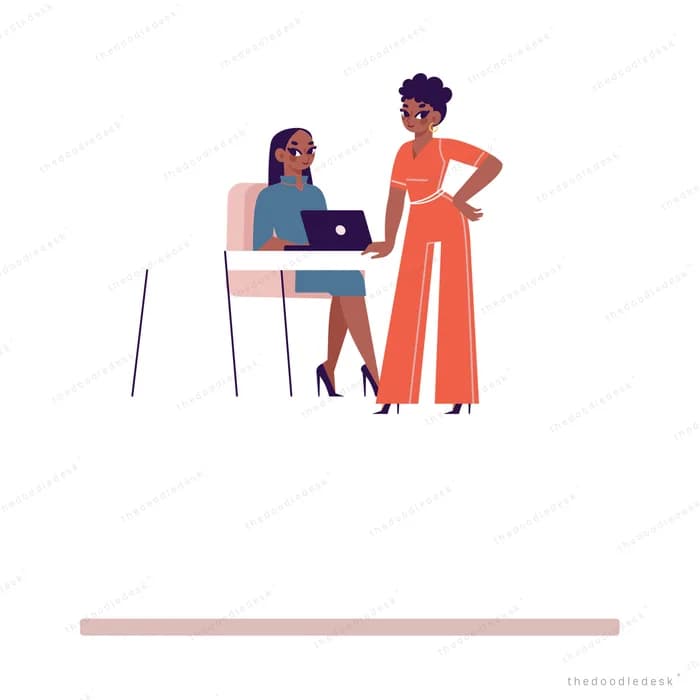 Woman working at a laptop desk while a colleague stands beside her