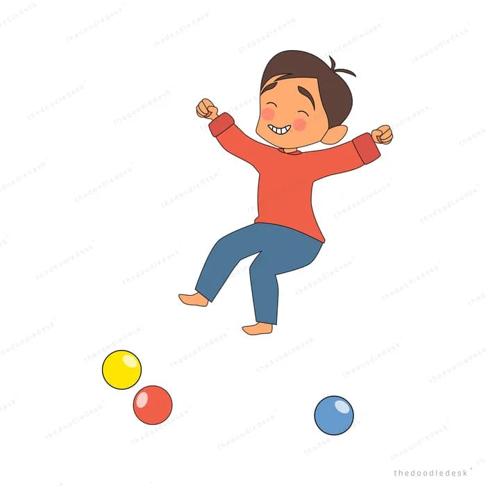 Boy leaping with arms raised as juggling balls bounce below him