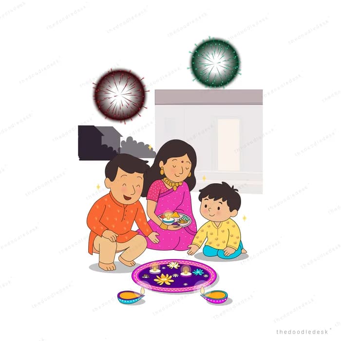 Family lighting diyas around a rangoli as fireworks burst outside the window
