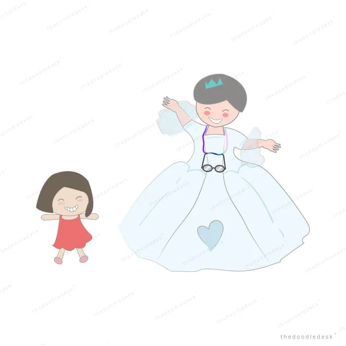 Little girl in red reaching up to a girl wearing a large white gown