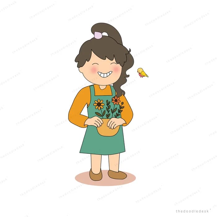Girl in a green apron holding a potted plant with a small bird beside her