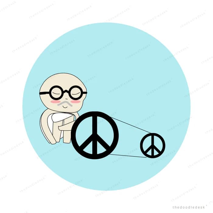 Bald man in round glasses seated beside two peace symbols on a blue circle