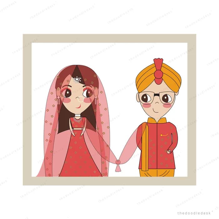 Framed portrait of an indian bride and groom holding hands in wedding dress