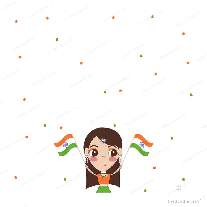 Girl in tricolour clothes waving two indian flags amid confetti