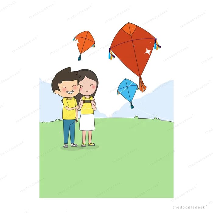 Couple standing on a green field flying colourful kites