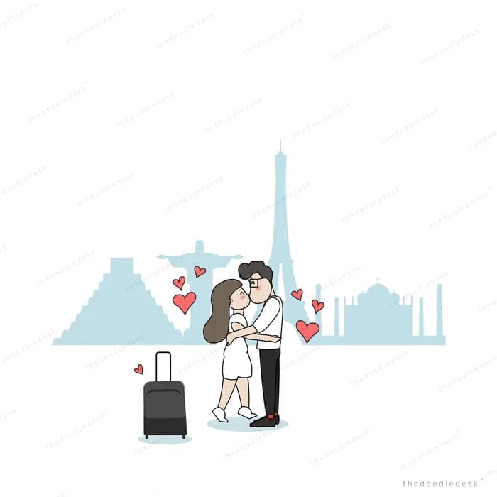 Couple embracing with a suitcase in front of world landmark silhouettes