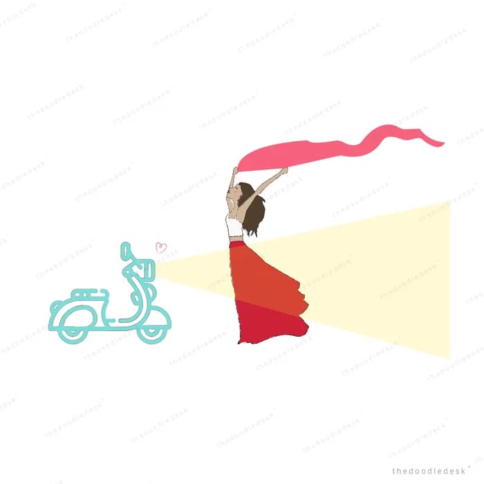 Girl in a red dress with a flowing scarf standing in a scooter headlight beam