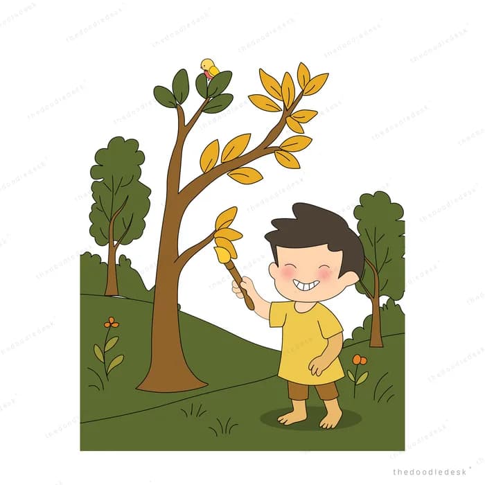 Boy holding a leafy branch under a yellow autumn tree on a green hill