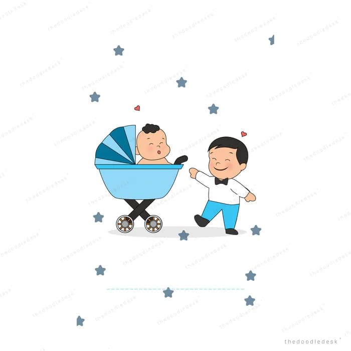 Baby in a blue pram with a boy walking alongside among small stars