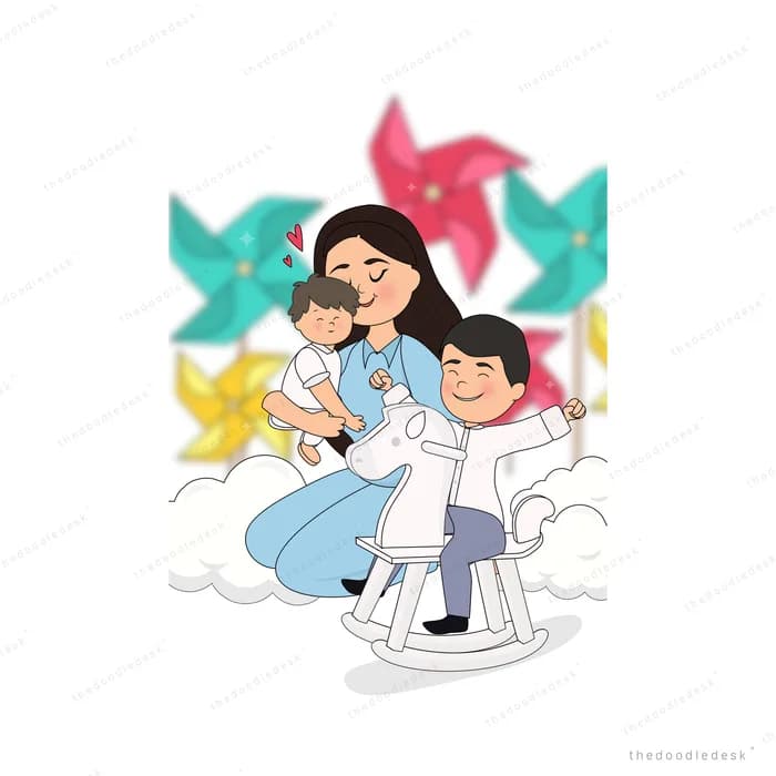 Family riding a rocking horse among pinwheels and clouds