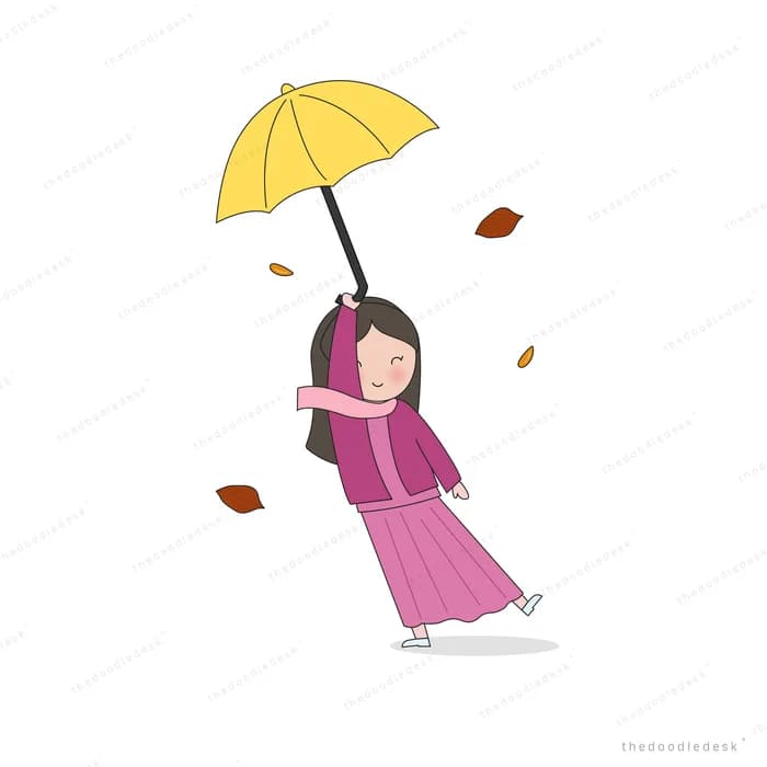 Girl in pink lifted off the ground by a yellow umbrella as leaves blow past