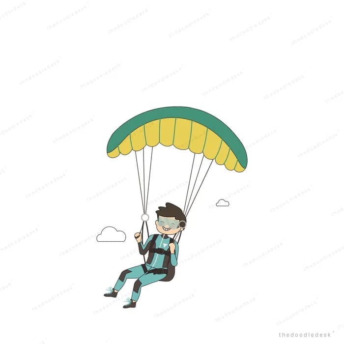 Man paragliding under a green and yellow canopy among clouds