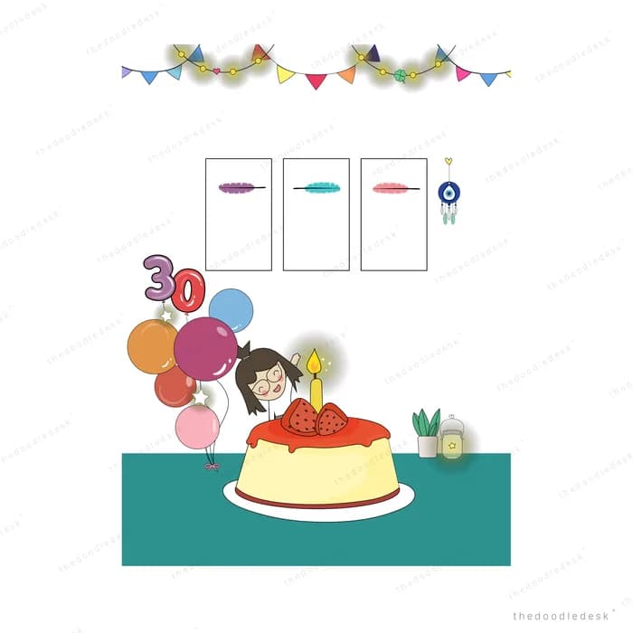 Girl behind a birthday pudding with a candle and balloons at a party table