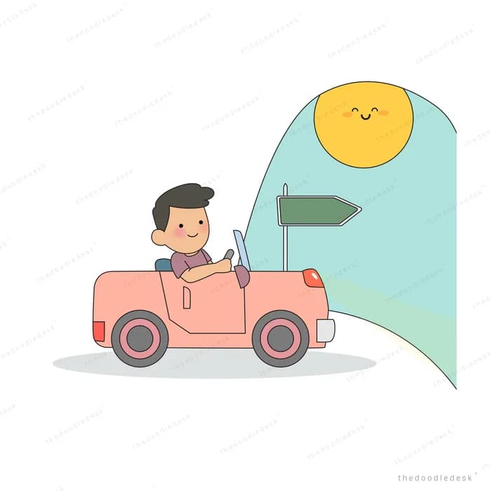 Boy driving a pink car past a signpost under a smiling sun