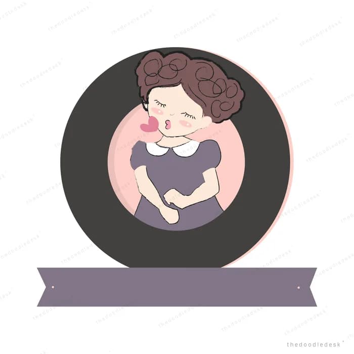 Curly haired woman hugging herself with a heart inside a dark circular badge