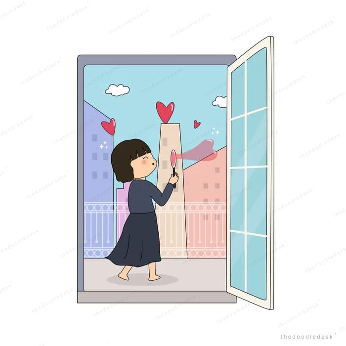 Woman on a balcony setting off a pink streamer popper toward the city with hearts rising