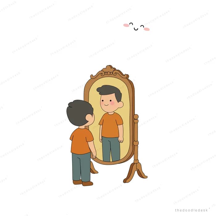 Boy looking into a tall mirror and seeing a grown up version of himself