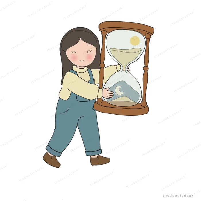 Girl carrying a large wooden hourglass as the sand runs through