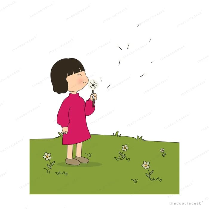 Girl in a pink coat blowing a dandelion on a green field