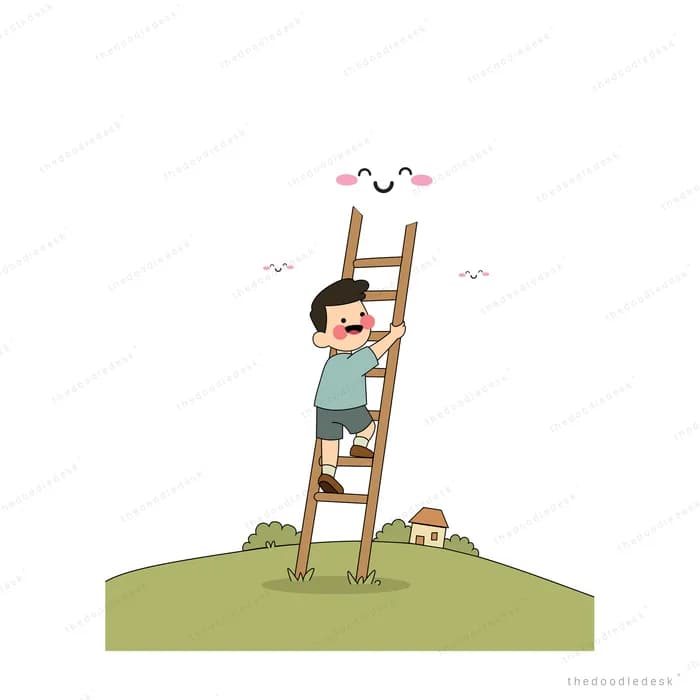 Boy climbing a wooden ladder toward a smiling cloud above a green hill