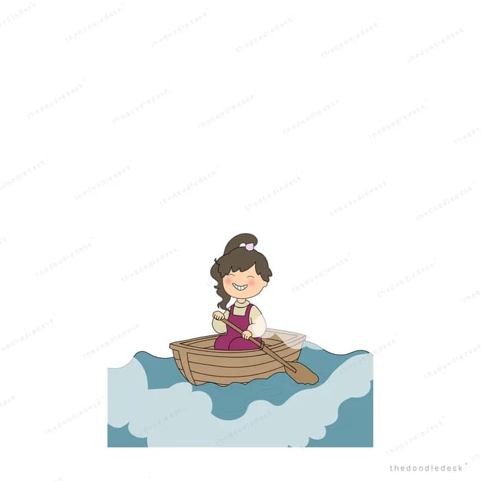 Girl rowing a small wooden boat across pale water