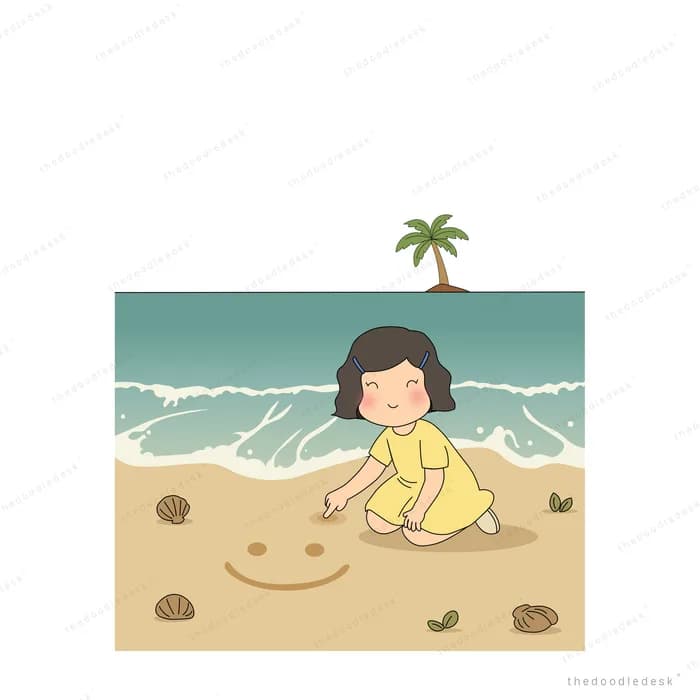 Girl in a yellow dress drawing a smiley face in the sand at the shoreline