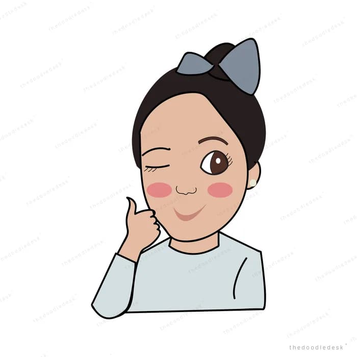 Woman with a hair bow winking and pointing at her cheek
