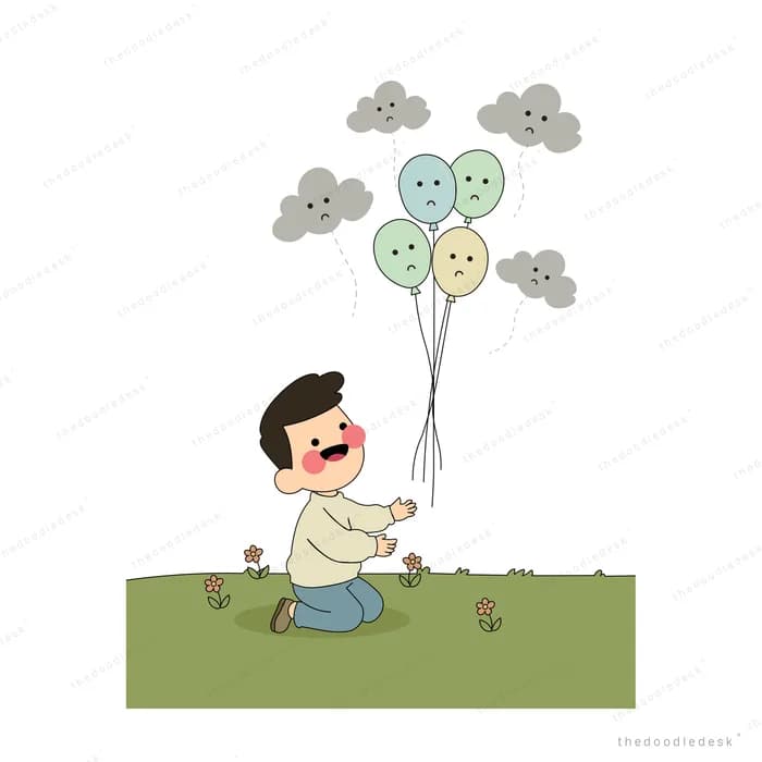 Boy kneeling on grass holding balloons with gloomy faces under grey clouds