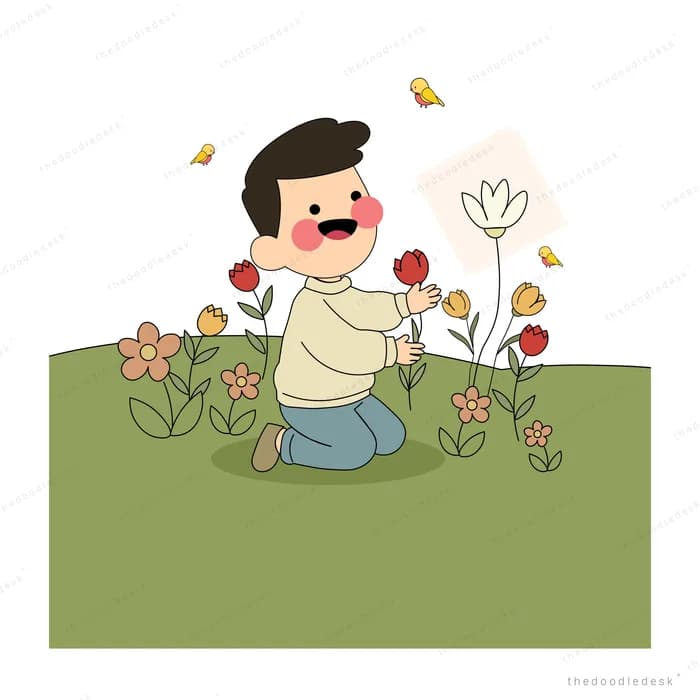 Man kneeling in a flower meadow picking a red bloom as butterflies pass