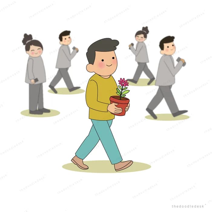 Man carrying a potted plant walking the opposite way through a crowd of grey commuters
