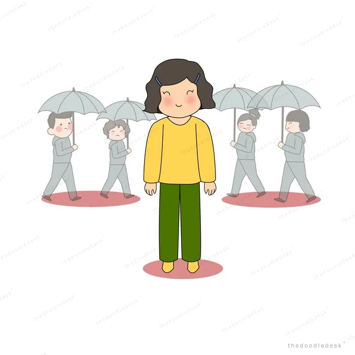 Girl in yellow standing without an umbrella while grey figures pass under theirs