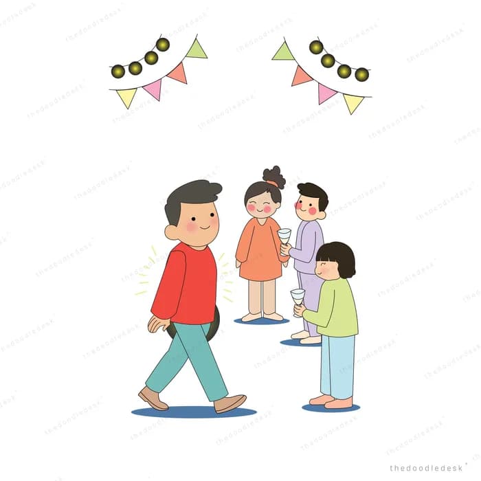 Man walking away as a small group celebrates with a cake under bunting