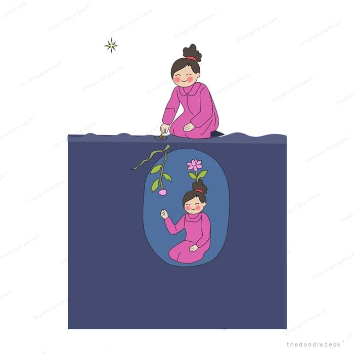 Woman fishing over a dark wall into a deep pool where a pink creature swims