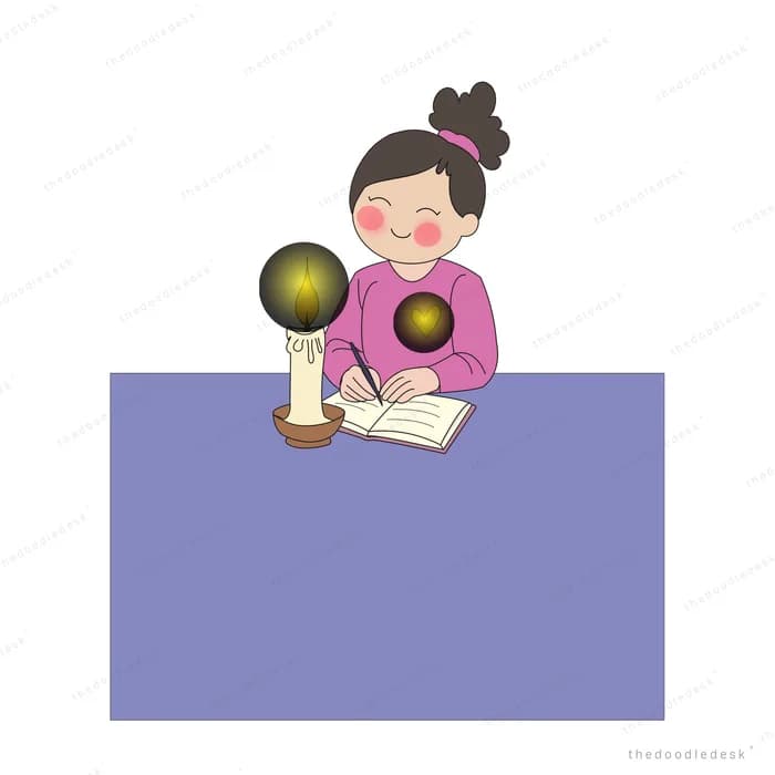 Woman writing in a book by candlelight at a purple desk