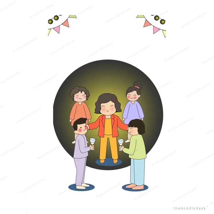 Group raising glasses together at a party under bunting in a glowing circle