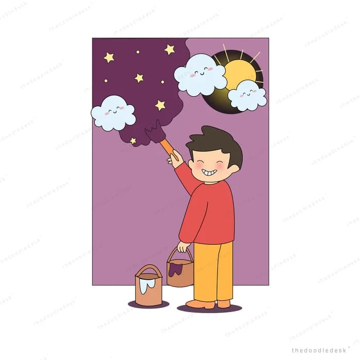 Boy painting over a purple night wall turning it into clouds and sunshine