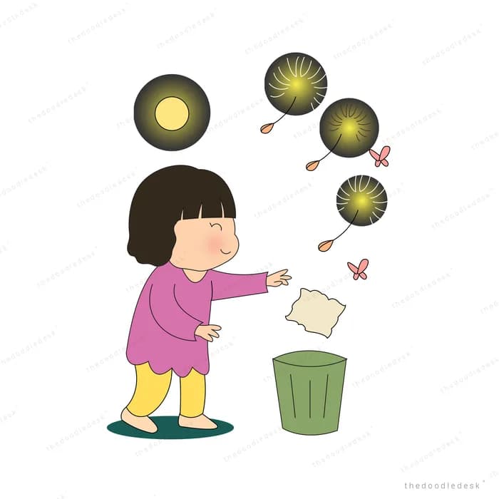 Girl tossing a sheet of paper into a green bin under dark glowing circles