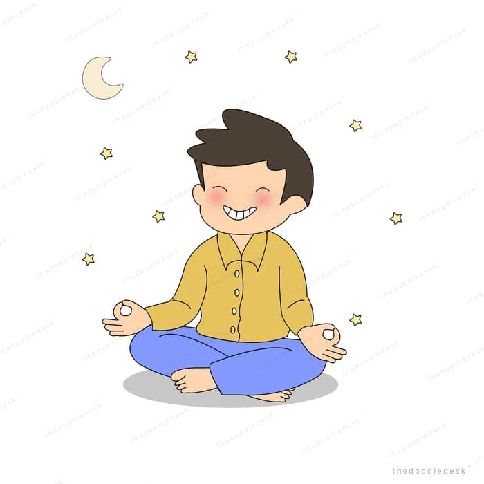 Man sitting cross legged meditating under a crescent moon