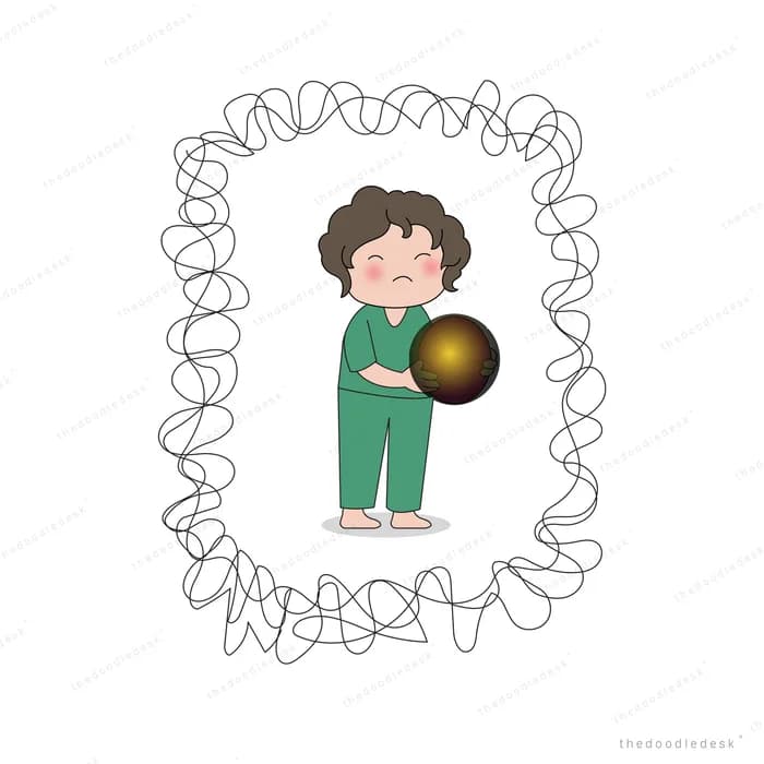 Woman holding a glowing red ball inside a scribbled frame