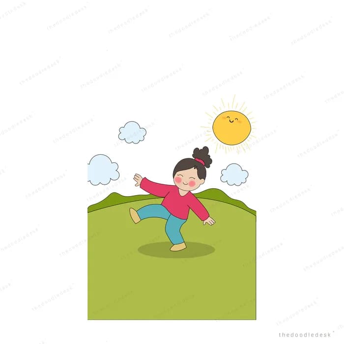 Woman dancing on a green hill under a smiling sun and clouds
